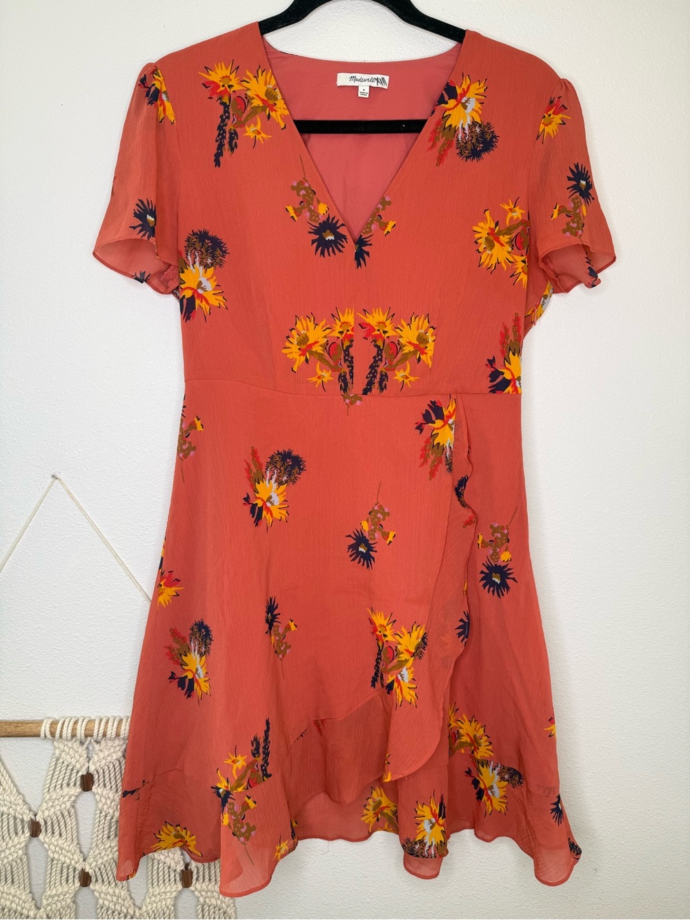 Madewell Dress Posy Cactus Flower Coral Orange Pink floral print wrap ruffle